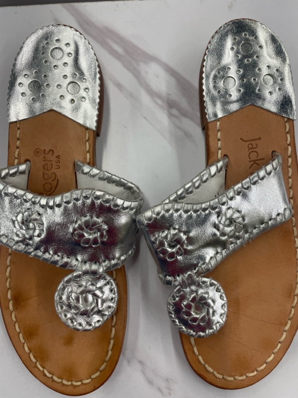 Jack Rogers Silver Metallic Leather Open-Toe Sandals